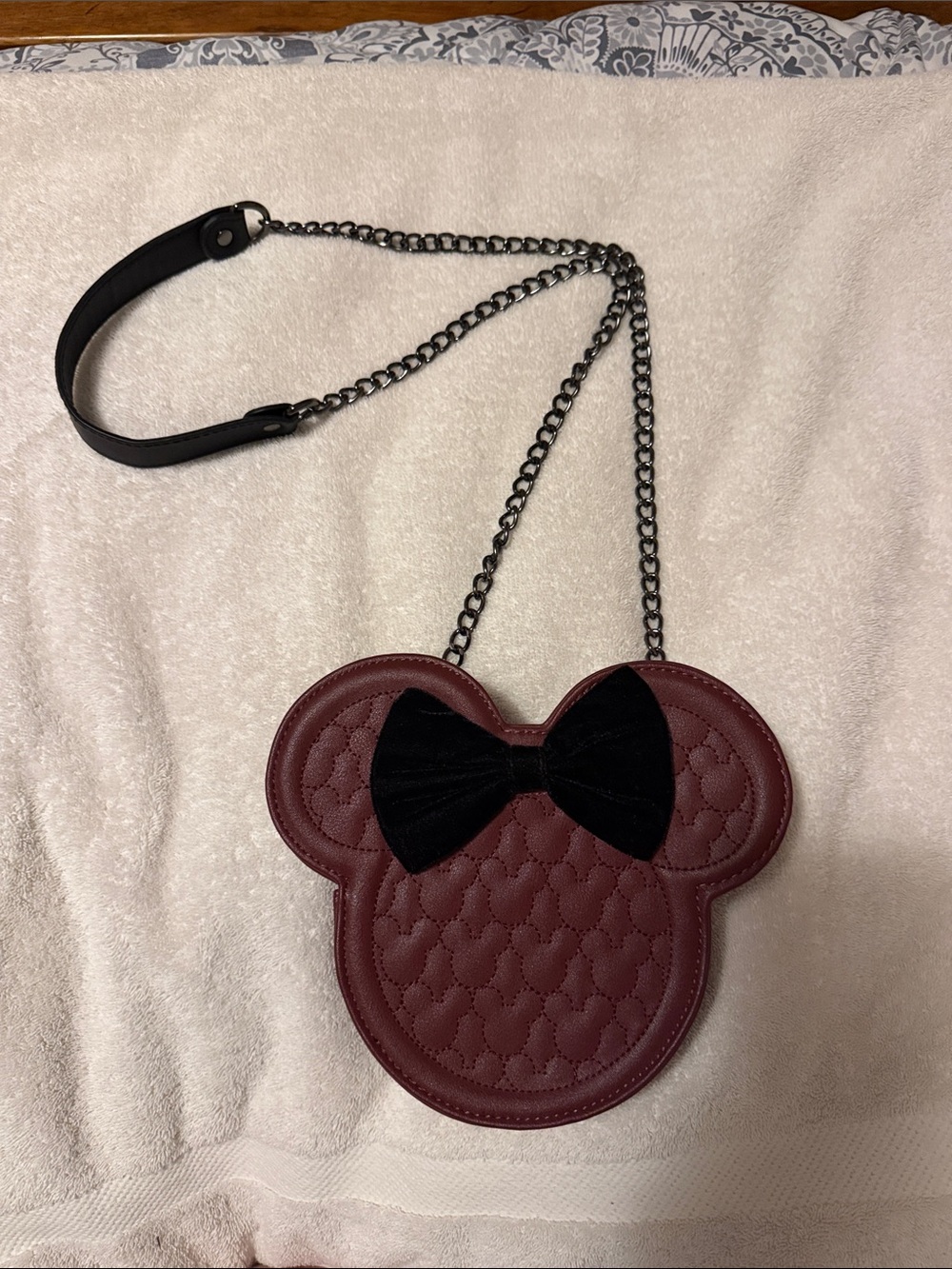 Loungefly Quilted Burgundy Minnie Mouse Crossbody with Black Velvet Bow